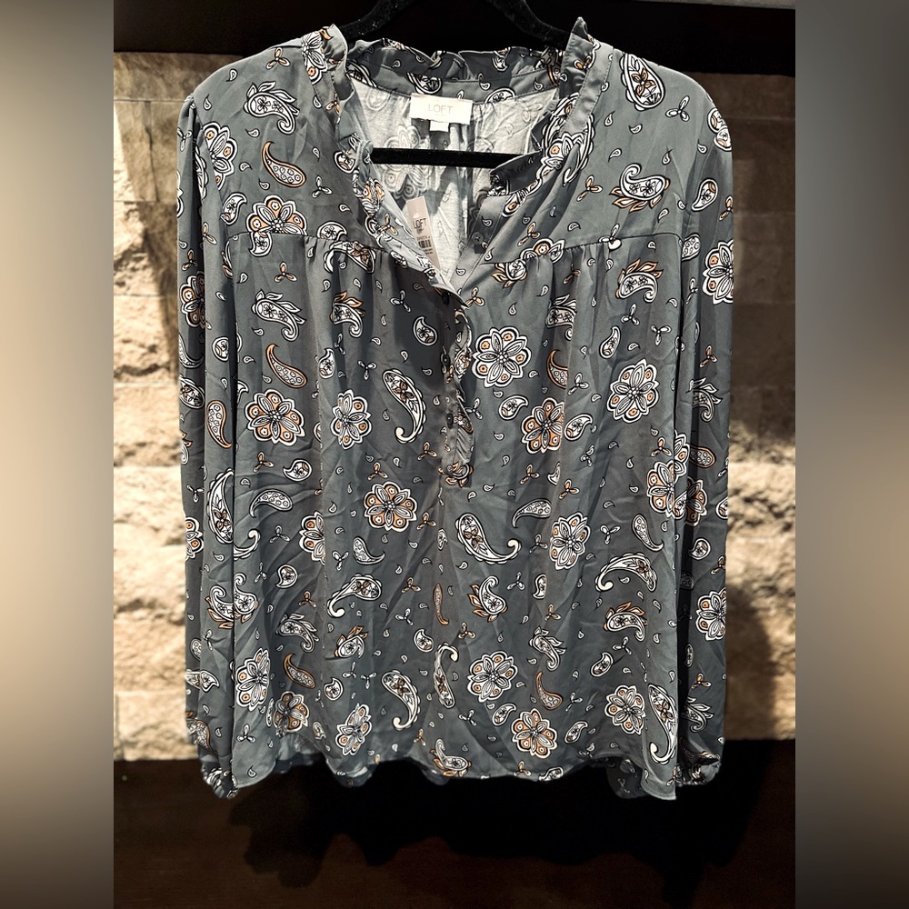 LOFT Grey & Blue Floral Flowy BoHo Blouse